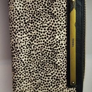 Fossil Leather cheetah print zip clutch
